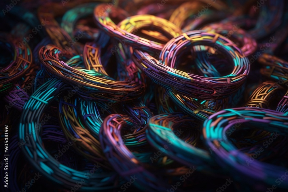 Colorful abstract background of interwoven coils in shades of purple, green, blue, and orange. Generative AI