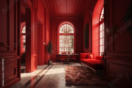 3D-rendered interior design featuring a red room theme. Generative AI