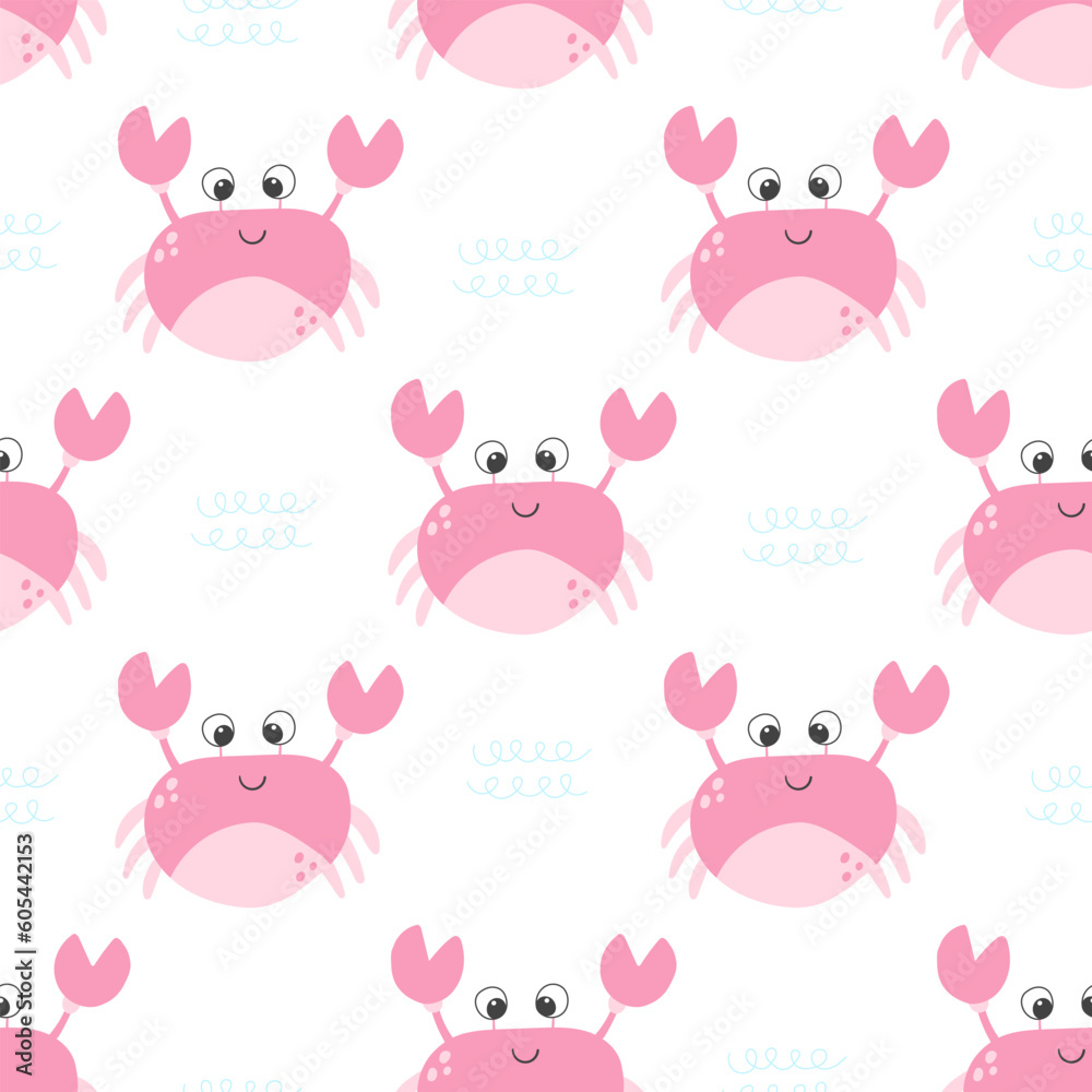 Cute pink crab vector seamless pattern. Sea life childish flat cartoon background. Cute pink crab vector seamless pattern. Sea life childish flat cartoon background.