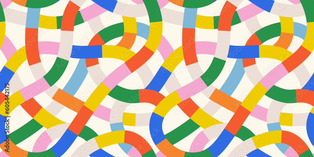 Fun colorful line doodle seamless pattern. Creative abstract style art background for children or trendy design with stripe shapes. Simple childish scribble backdrop.