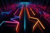 Colorful 3D geometric background with neon arrows converging in linear formation. Generative AI