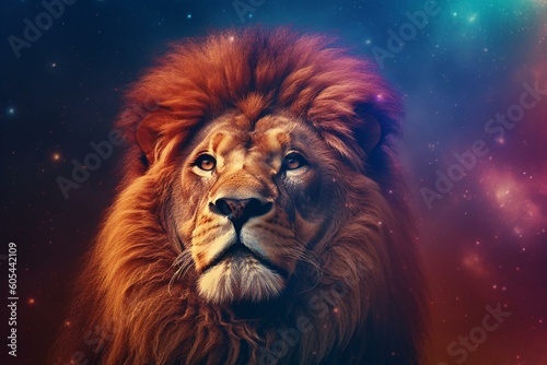 Majestic lion in cosmic setting represents spiritual awakening. Imaginative wallpaper design. Generative AI