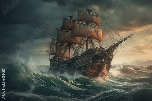 Oil painting of a fantasy ship in a stormy landscape with rich colors, showcasing the beauty of nature and travel. Generative AI