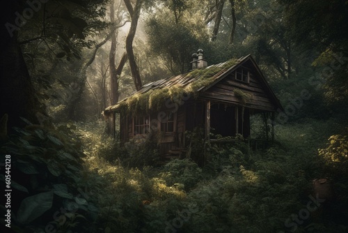 A small cabin surrounded by trees and vegetation. Generative AI