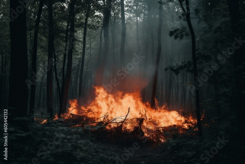 A fire burning amidst trees in the woods. Generative AI