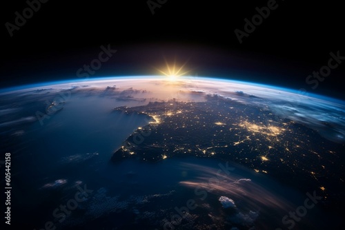 Sunrise over planet Earth in space with blue horizon shining over USA. Generative AI