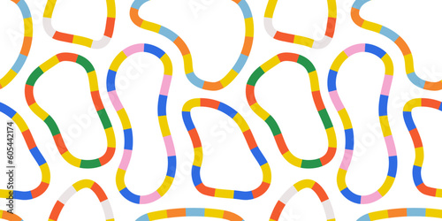 Fun colorful line doodle seamless pattern. Creative abstract style art background for children or trendy design with stripe shapes. Simple childish scribble backdrop.