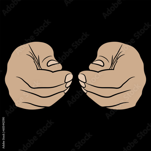 Front view of two human hands with folded in fist fingers. Cartoon style. On black background.