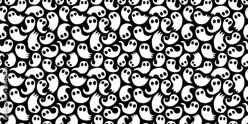 Halloween ghost cartoon seamless pattern illustration. Black and white october holiday spirit character background. Scary autumn party wallpaper texture of funny ghosts doodle print.