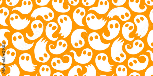 Halloween ghost cartoon seamless pattern illustration. Cute october holiday spirit character background. Scary autumn party wallpaper texture of funny ghosts doodle print.