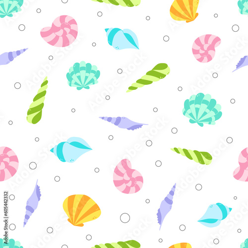 Colorful seashell vector seamless pattern. Sea life childish flat cartoon background.