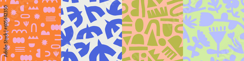 Abstract collage art seamless pattern set with colorful organic shape. Geometric nature shapes cartoon background texture, simple freehand flower symbol wallpaper print in vintage pastel colors. 