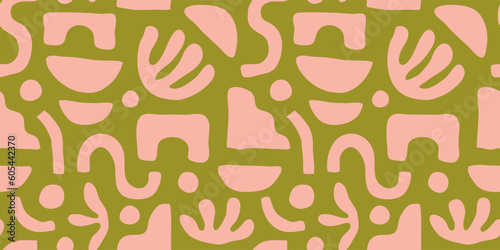 Fototapeta Naklejka Na Ścianę i Meble -  Abstract plant leaf art seamless pattern with green freehand doodle collage. Organic leaves cartoon background, simple nature shapes in vintage pastel colors. 