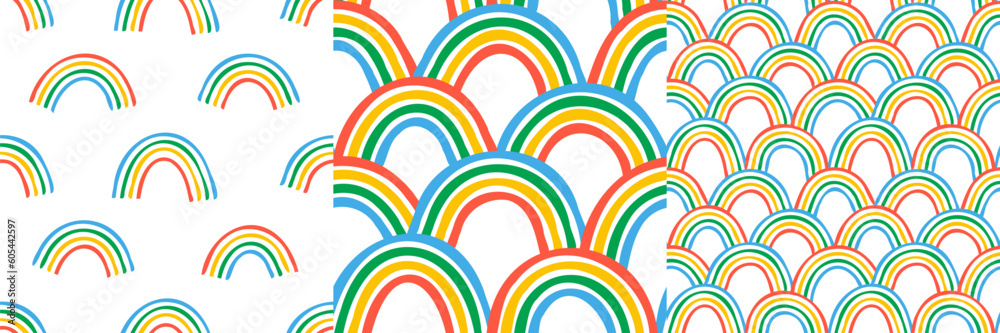 Obraz premium Colorful rainbow seamless pattern set. Multi color cartoon wallpaper print collection in hand drawn doodle style. Kid art drawing design or diversity concept background texture.