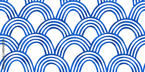 Abstract blue wave shape seamless pattern illustration. Vintage asian ocean water background in hand drawn watercolor art style. Traditional japanese ornament texture, repeatable oriental wallpaper.