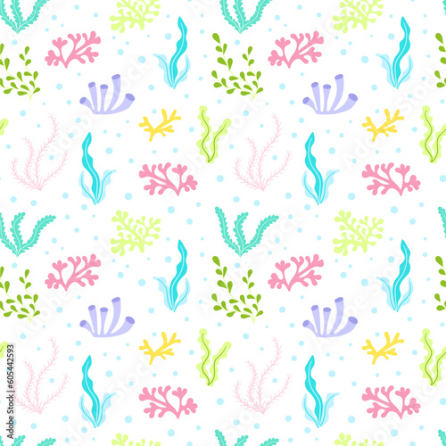 Colorful seaweed vector seamless pattern. Sea life childish flat cartoon background.