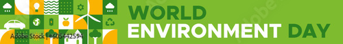 World Environment Day web banner illustration with modern eco geometric nature mosaic. Green abstract geometry shape cover background for online earth holiday or internet page header.