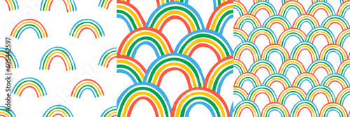 Colorful rainbow seamless pattern set. Multi color cartoon wallpaper print collection in hand drawn doodle style. Kid art drawing design or diversity concept background texture.