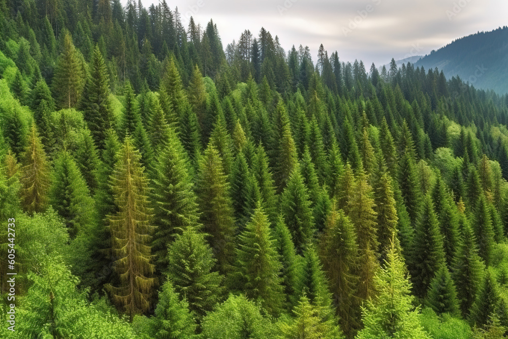 Fototapeta premium Healthy green trees in a forest of old spruce, fir and pine trees in wilderness of a national park, generative ai 