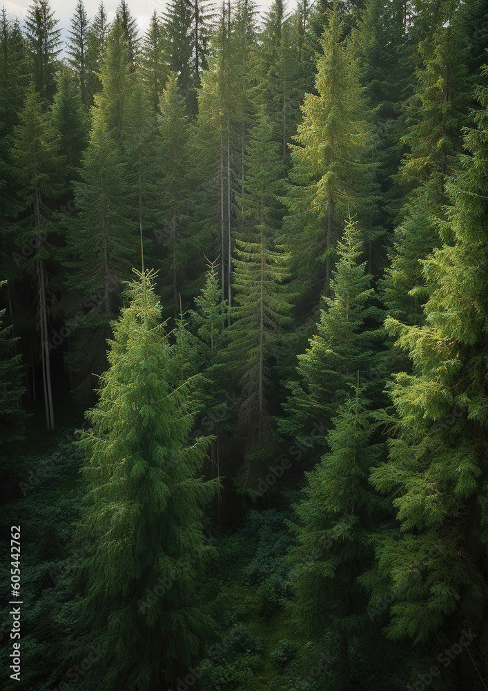 Fototapeta premium Healthy green trees in a forest of old spruce, fir and pine trees in wilderness of a national park, generative ai 