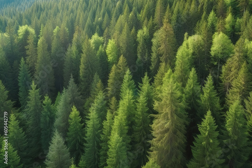 Healthy green trees in a forest of old spruce, fir and pine trees in wilderness of a national park, generative ai 