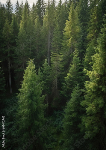Healthy green trees in a forest of old spruce, fir and pine trees in wilderness of a national park, generative ai 