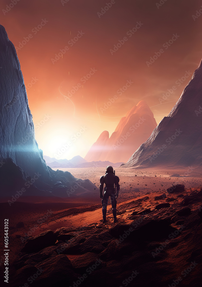 Fototapeta premium person standing in the middle of a desert, space astronaut, generative ai 