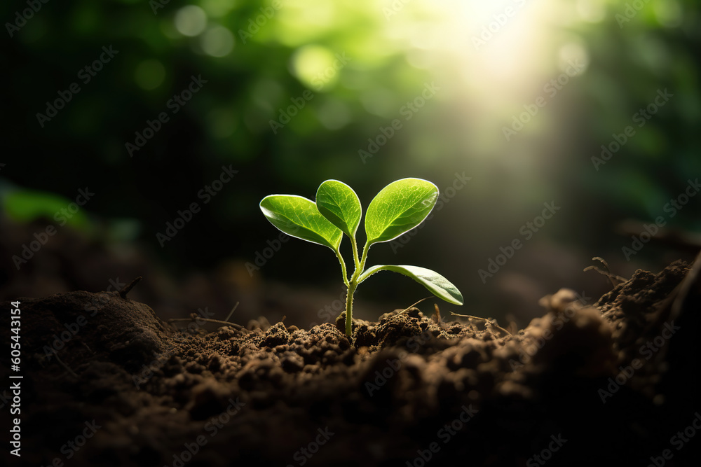 Fototapeta premium plant with green leaves sprouting from the ground, Earth Day Concept, generative ai 
