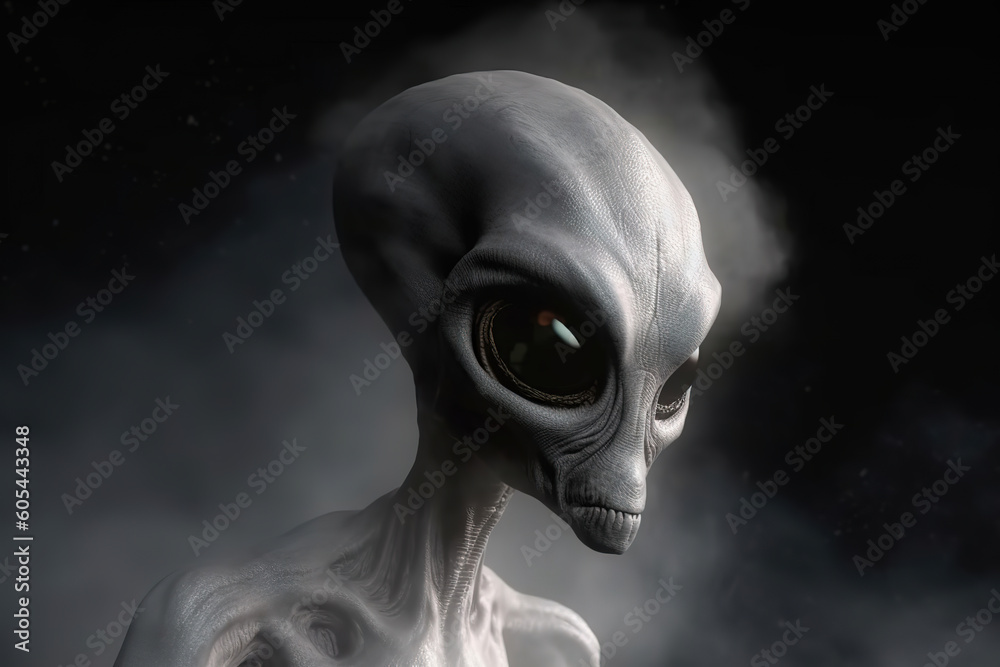 Scary gray alien walks and looks blinking on a dark smoky background. UFO futuristic concept, generative ai Scary gray alien walks and looks blinking on a dark smoky background. UFO futuristic concept, generative ai