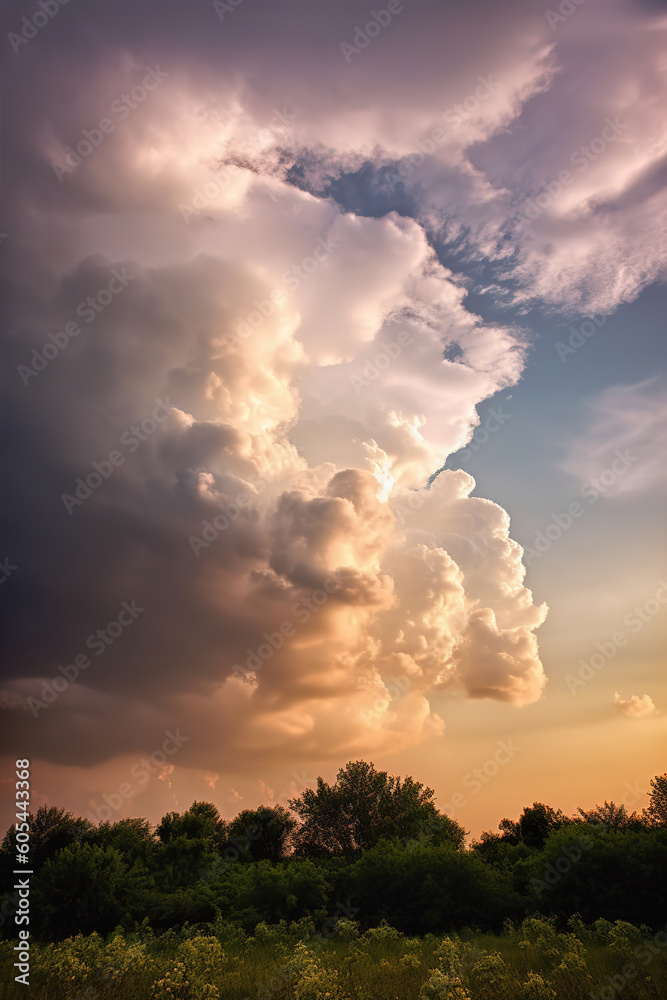 Stormy sky with dramatic clouds from an approaching thunderstorm at sunset, generative ai 