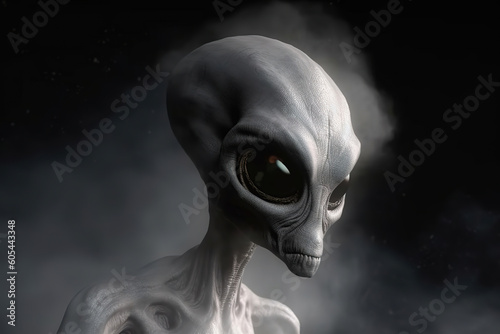 Scary gray alien walks and looks blinking on a dark smoky background. UFO futuristic concept, generative ai 