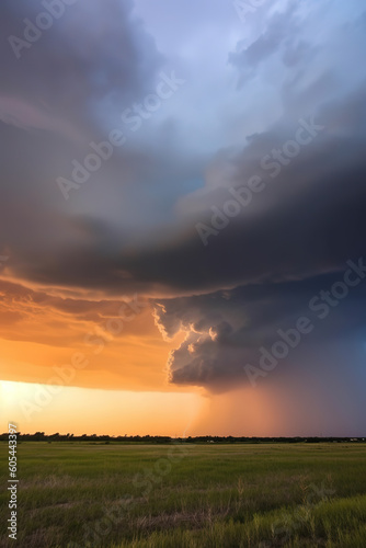 Stormy sky with dramatic clouds from an approaching thunderstorm at sunset, generative ai 