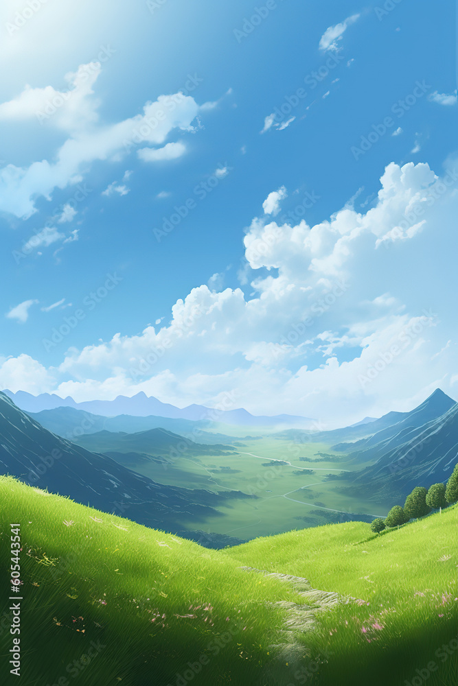 Valley with green plains and blue sky, anime landscape, generative ai