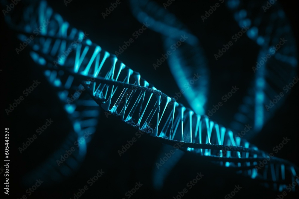 3D blue DNA structure on dark background illuminated by blue light. Generative AI