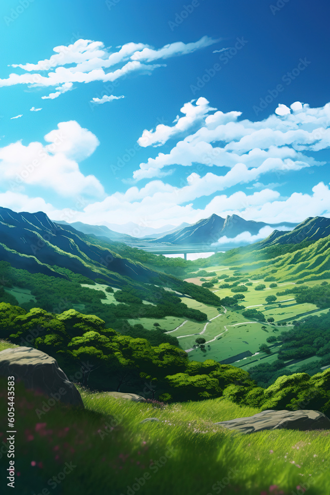 Fototapeta premium Valley with green plains and blue sky, anime landscape, generative ai