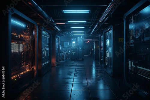 A futuristic server room with a blue neon aesthetic. Generative AI