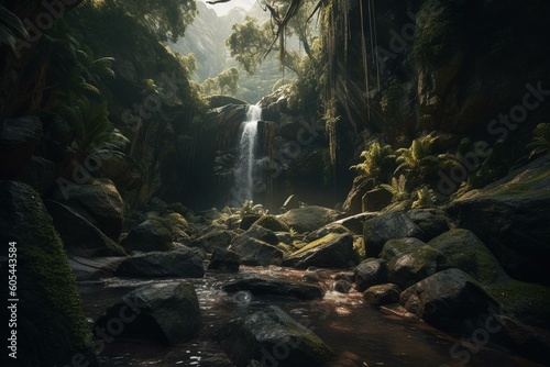 Find hidden waterfall   surreal landscapes  Ultra-wide angle showcases intricate details with Unreal Engine 5. Generative AI