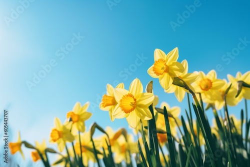 Daffodils bloom against a clear blue sky in this spring flower background. Generative AI