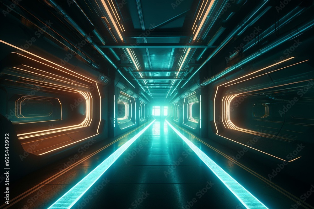 Futuristic neon-lit tunnel, abstract shapes, laser lights, blank stage. Generative AI