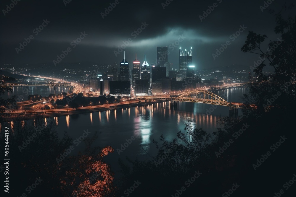 Nighttime view of Pittsburgh's skyline. Generative AI