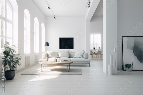 Contemporary minimalistic living space with bright white decor. Generative AI