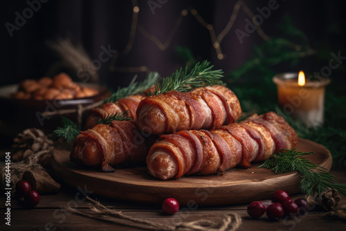 Christmas Comfort Food: Mouthwatering Pigs in Blankets for a Savory Culinary Sausage& Bacon Delight - Generative AI