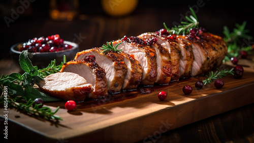 sliced ​​meat pork baked with cranberries for the holiday on a wooden board. Generative AI