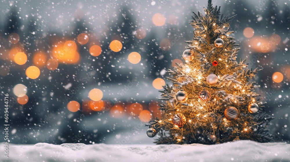 banner wallpaper christmas background bokeh and snow .Christmas tree with decorations for the new year.Generative AI banner wallpaper christmas background bokeh and snow .Christmas tree with decorations for the new year.Generative AI