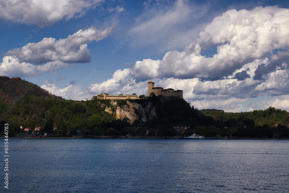 the fortress of Angera seen from the shores of Lake Maggiore in Arona, Italy.