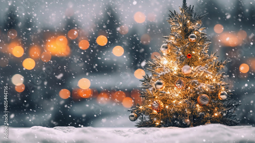 banner wallpaper christmas background bokeh and snow .Christmas tree with decorations for the new year.Generative AI © Sheviakova