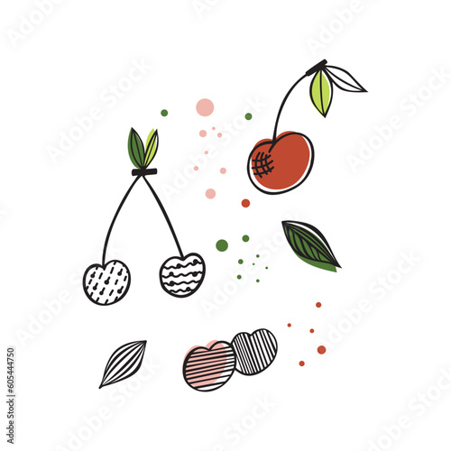 Flat vector icon of appetizing cherries. Abstract Sliced fruits, Abstract flat stickers, emblems and labels for orange fresh juice. Graphic design editable for your design. Isolated. EPS 10.
