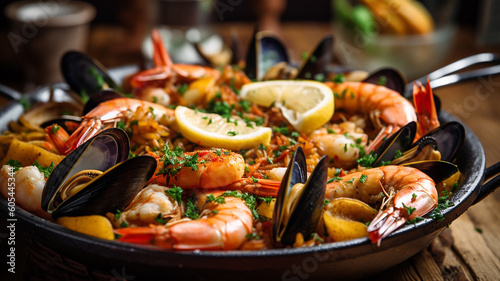 delicious paella dish with mussels and shrimps .Spanish national dish ..Generative AI
