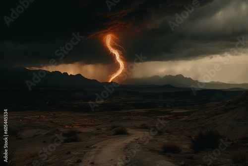 Fiery tornado spiraling through dark and desolate landscape. Generative AI