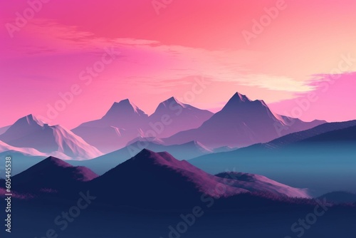 Illustration of stylized blue mountains under a pink sky. Generative AI